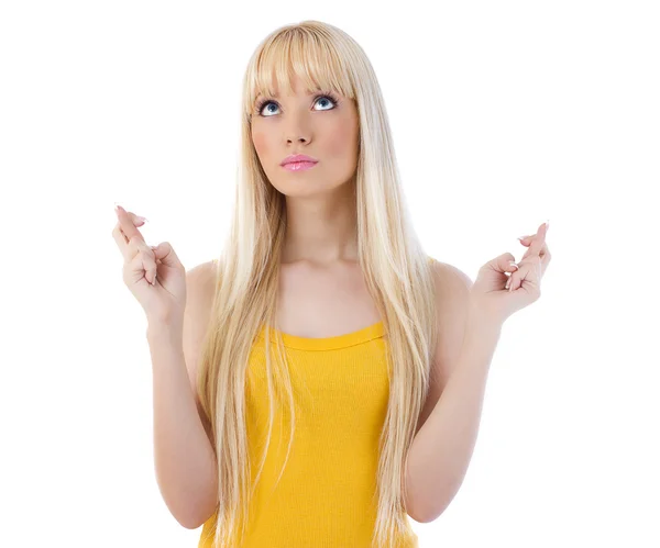 Young woman with crossed fingers — Stock Photo, Image
