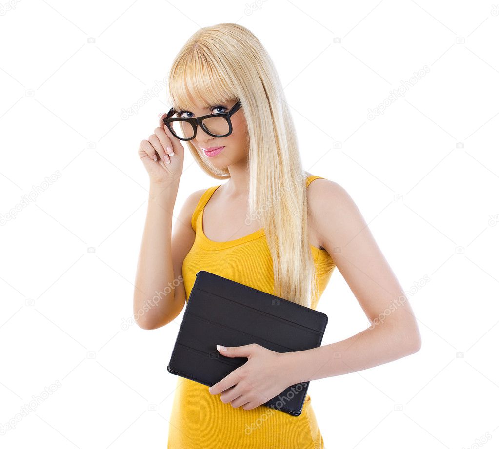 Flirtatious woman holding tablet