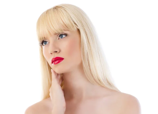 Piękna blond kobieta z czerwonymi ustami — Zdjęcie stockowe