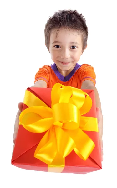 Little boy holding present box — Stock Photo, Image