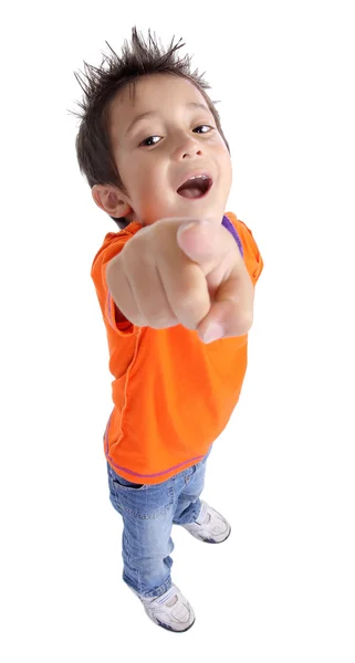 Lustiger Junge zeigt mit dem Finger — Stockfoto