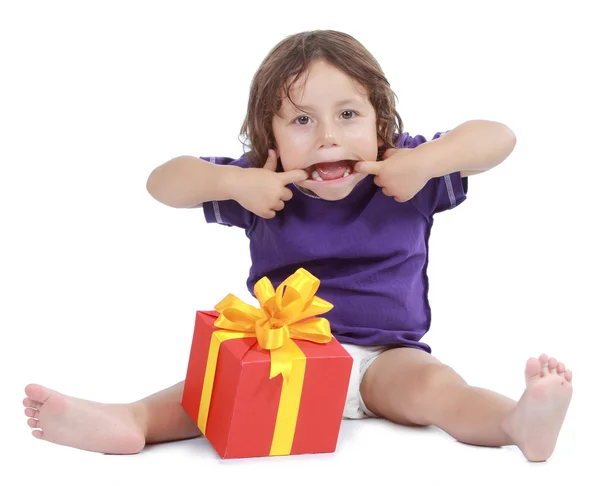 Joyful boy with present box — Stock Photo, Image