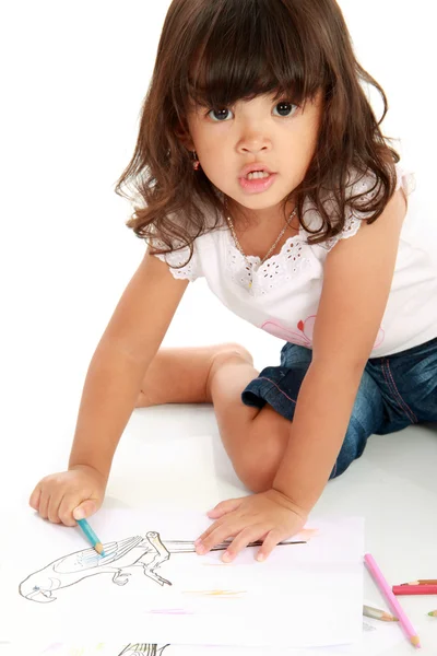 Little pretty girl draws and coloring — Stock Photo, Image
