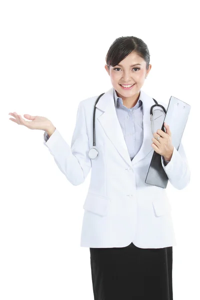 Medical doctor woman presenting copy space — Stock Photo, Image