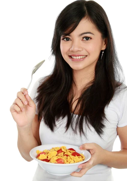 Woman holding a bowl of cereal — Stock Photo, Image