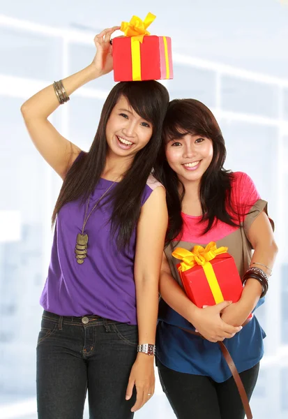 Hediye taşıyan iki genç kız — Stok fotoğraf