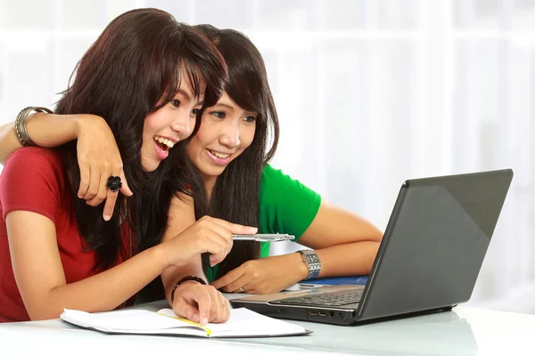 妇女学习用一台笔记本电脑 — 图库照片