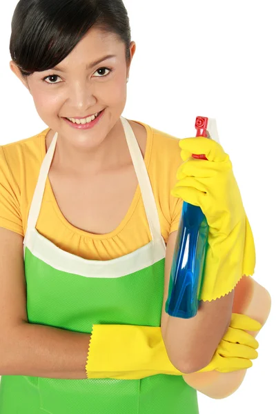 Vrouw met spray reiniging gereedschap — Stockfoto