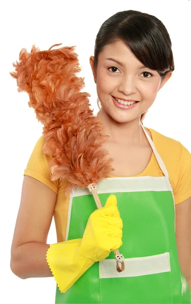 Vrouw met het schoonmaken van de stofdoek — Stockfoto