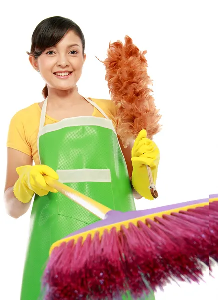 Donna con spazzata pulizia — Foto Stock