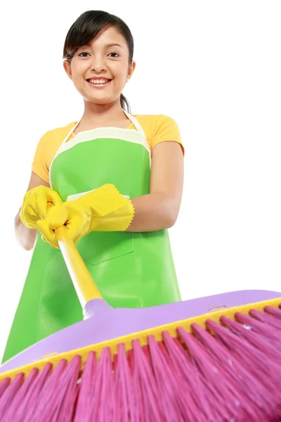 Woman with cleaning sweep — Stock Photo, Image