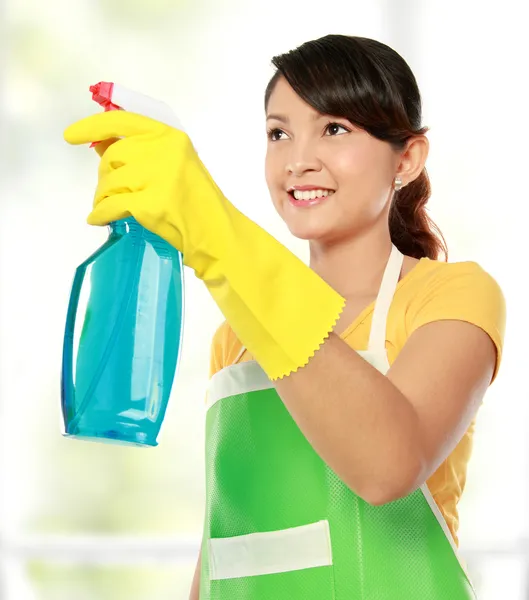 Donna che tiene strumento di pulizia spruzzatore — Foto Stock