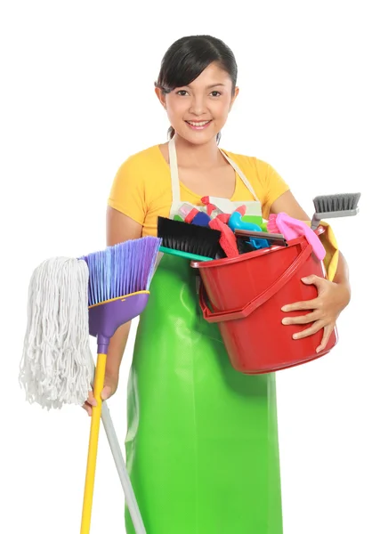 Kadın temizlik ekipmanları ile — Stok fotoğraf