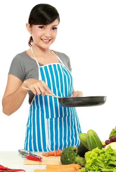 Жінка зі сковородою — стокове фото