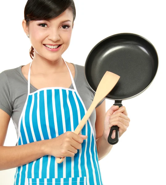 Женщина с сковородкой — стоковое фото