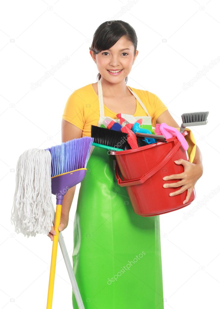 Woman with cleaning equipment