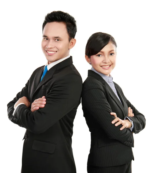 Mężczyzna i kobieta pracownik biurowy uśmiechający się — Zdjęcie stockowe