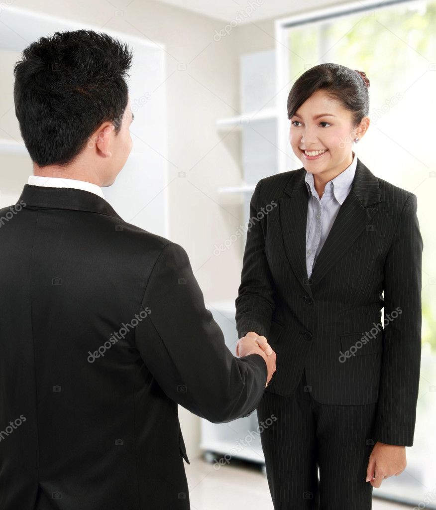 Hand shake between a businessman and a businesswoman
