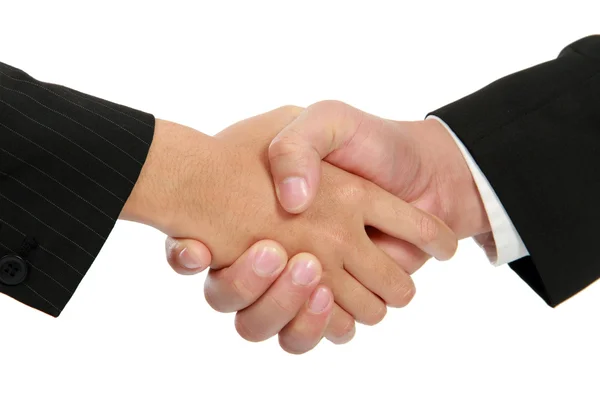 Рукопожатие между бизнесменом и бизнесвумен — стоковое фото