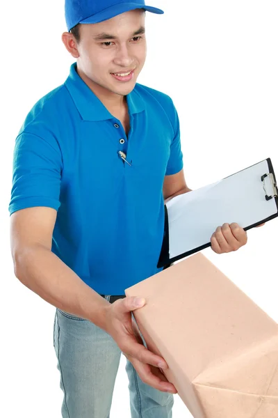 Man courier in blauwe uniform — Stockfoto