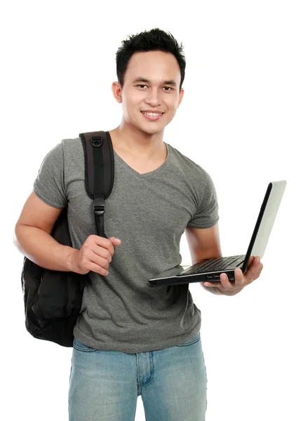 大学生用隔离在白色背景上的笔记本电脑 — 图库照片