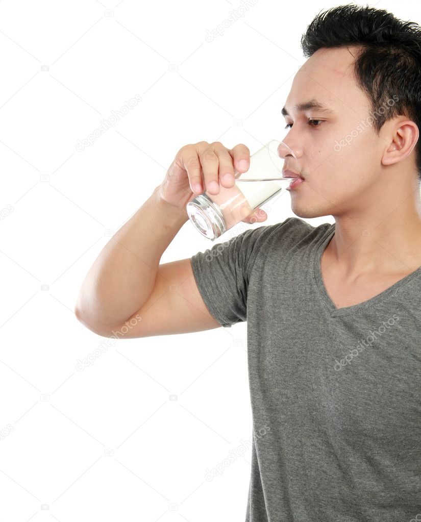 Man drinking water isolated over white background