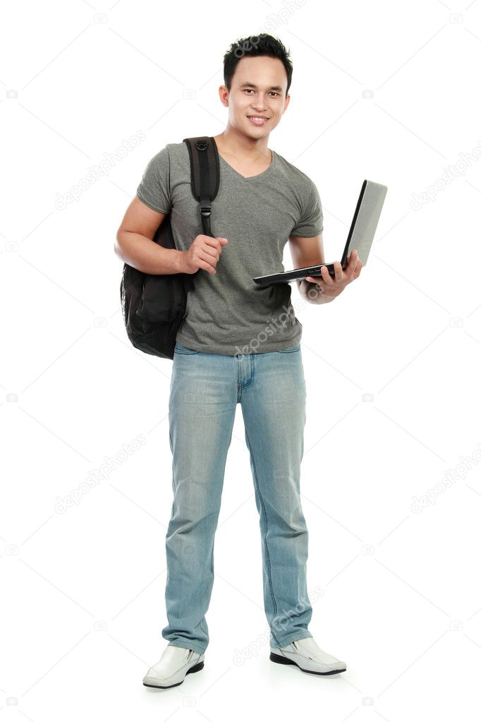 College student with laptop isolated on white background