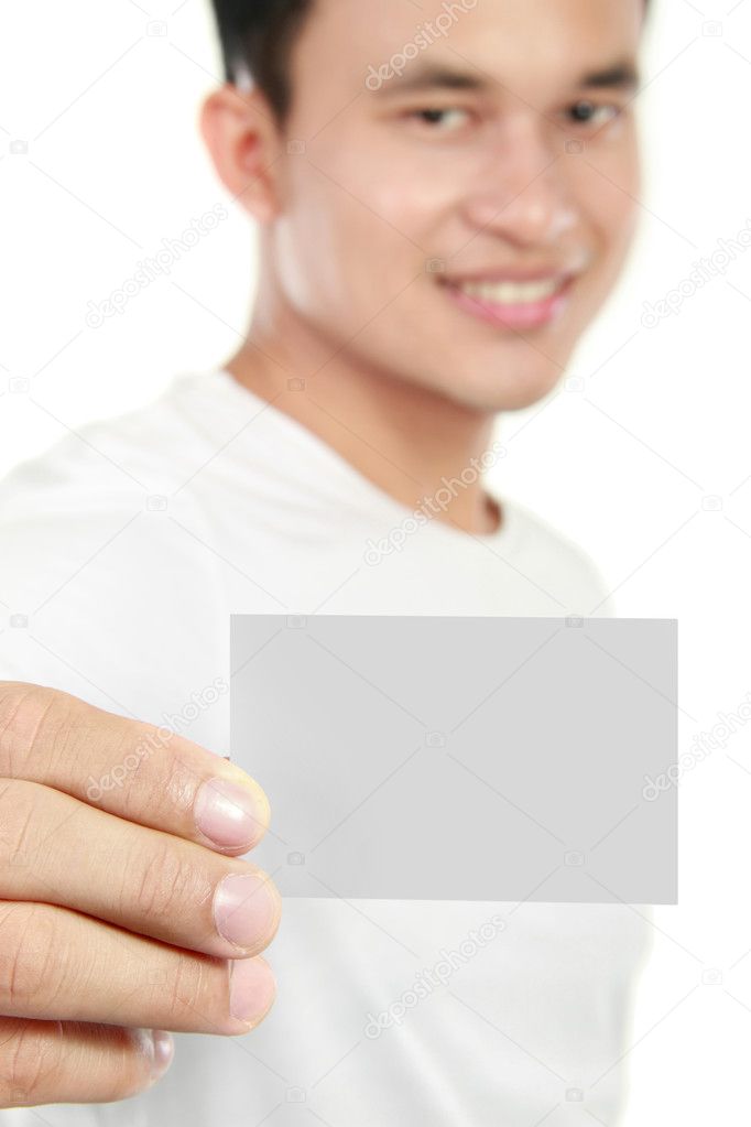 Man holding a blank card