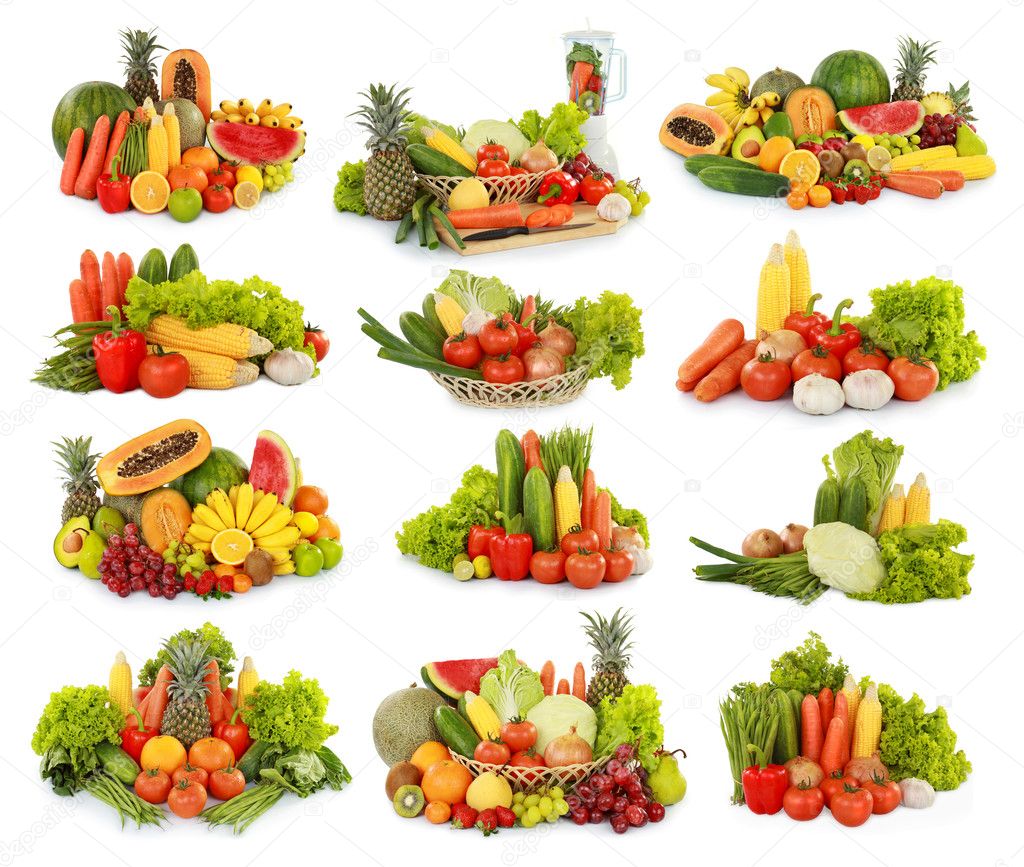 Fruits and vegetables isolated on white background