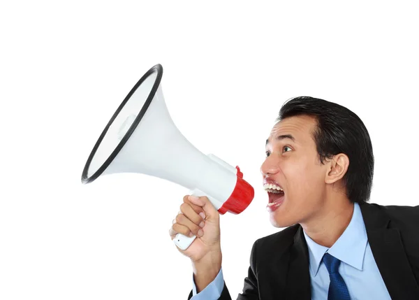 Mężczyzna krzyczy za pomocą megafon — Zdjęcie stockowe