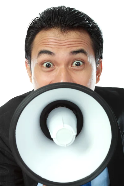 Uomo gridando utilizzando megafono — Foto Stock