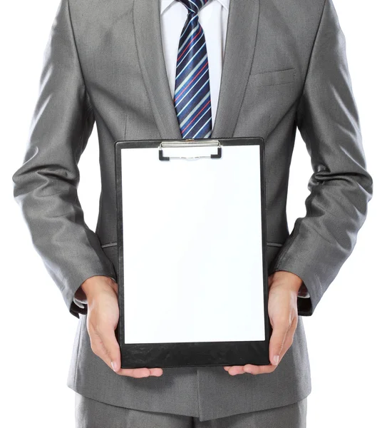 Business man showing blank clipboard — Stock Photo, Image