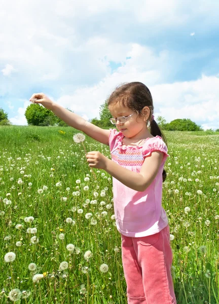 Маленькая девочка играет на поле — стоковое фото