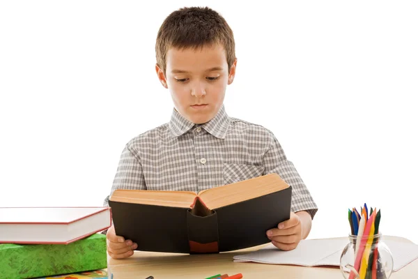 Skolpojke läser en bok — Stockfoto