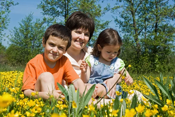 Happy family among yellow flowers — Stock Photo, Image