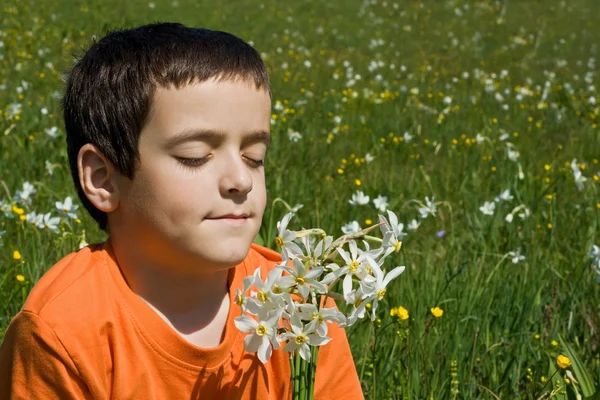Boy smelling flowers — Stock Photo, Image