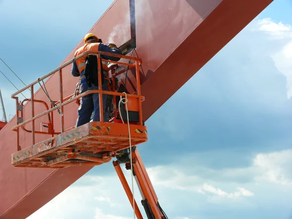 stock image Worker welding a structural node