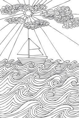 Hand drawn styled sea with clouds, sun and sailor boat. Vector i clipart