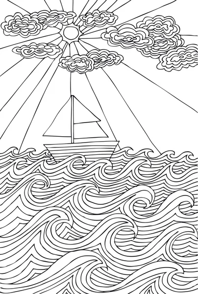 Mer dessinée à la main avec nuages, soleil et bateau marin. Vecteur i — Image vectorielle