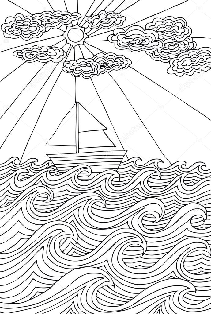 Hand drawn styled sea with clouds, sun and sailor boat. Vector i