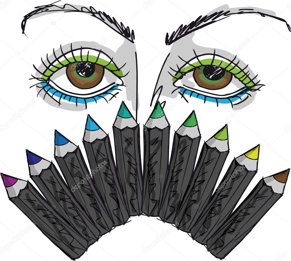Sketch of Cartoon Eyes and Professional eye liner. Vector illust
