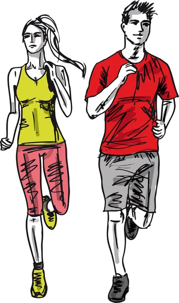 Skizze der Paarmarathonläufer. Vektorillustration — Stockvektor