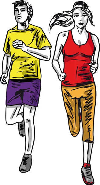 Vázlat, pár maratont futók. Vektoros illusztráció — Stock Vector