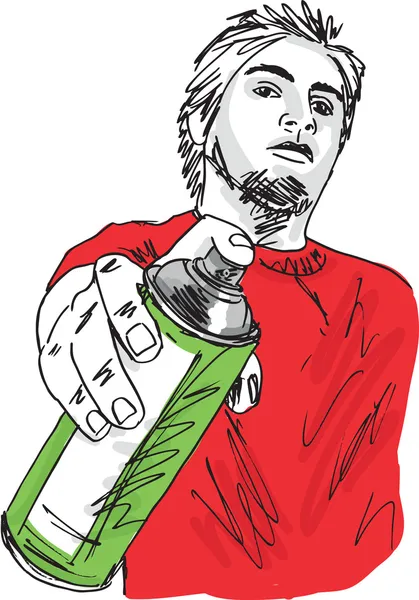 Boceto de un joven con una lata de spray. Ilustración vectorial — Vector de stock