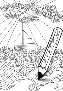 Hand drawn styled sea with clouds, sun and sailor boat. Vector i clipart