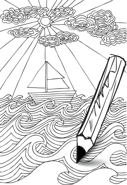 Mer dessinée à la main avec nuages, soleil et bateau marin. Vecteur i — Image vectorielle
