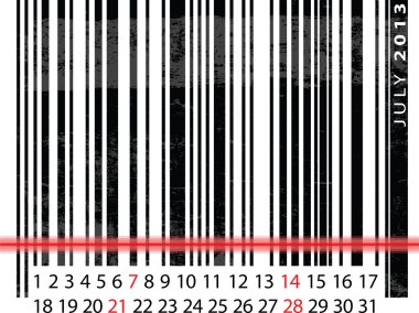 Temmuz 2013 takvimi, barkod tasarımı. vektör çizim