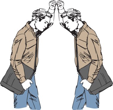 Sketch of Man takes a look at himself in the mirror. Vector illu clipart