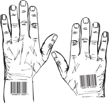 Sketch of barcoded hands. Vector illustration clipart