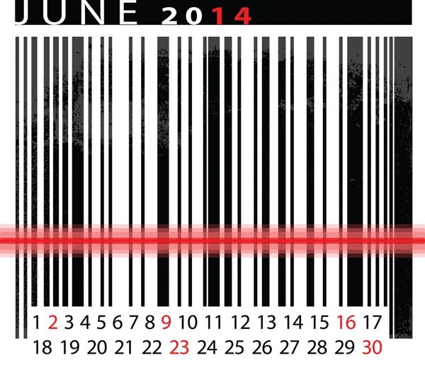 ИЮНЬ 2014 Календарь, штрих-код Дизайн. векторная иллюстрация — стоковый вектор